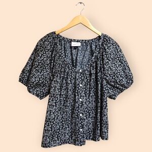 Universal Thread Black Floral Bohemian Peasant Top Cotton Puff Sleeve Women’s L